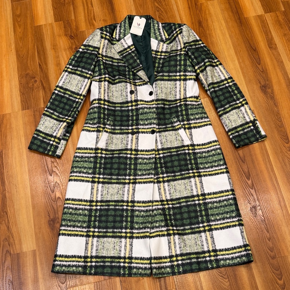 Victoria Jacket Green White Plaid Fleece-Blend Coat Ginger Zee Style Medium NWT